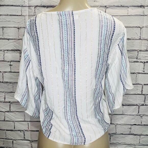 Lovestitch Womens White Flare sleeve Striped V-Neck Front Tie Blouse Size Small - Picture 4 of 7